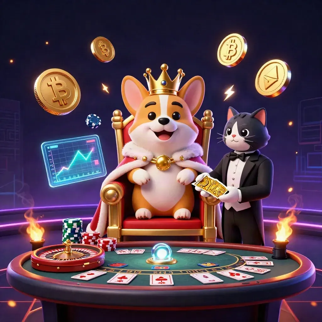 Royaler Corgi und Katzenbutler auf einem Casino-Thron mit leuchtenden Coins und Effekten