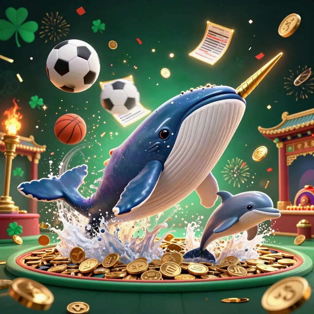 Riesenwal, Narwal und Delfine brechen aus Goldmünzen, mit Bällen, Funken und Casino-Glow.