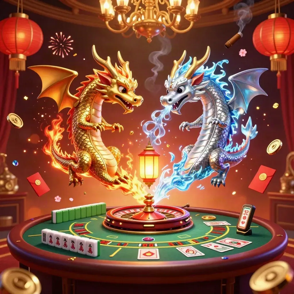 Zwei Gold-und-Silber-Dragons wirbeln über Casino-Glanz, Goldmünzen und Feuer-Eis-Licht.