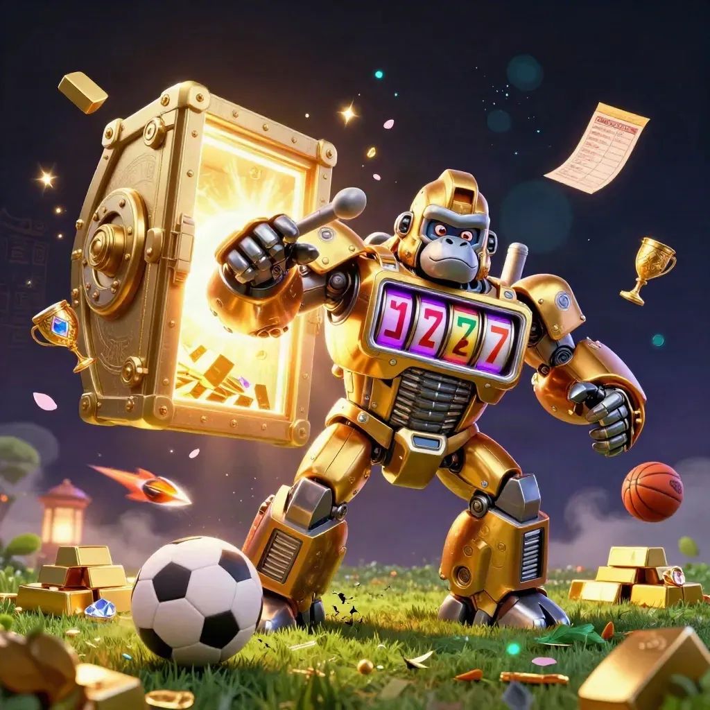 Goldener Gorilla-Mech mit Slotrollen, Vault-Licht und Sportbällen im Casino-Glanz.