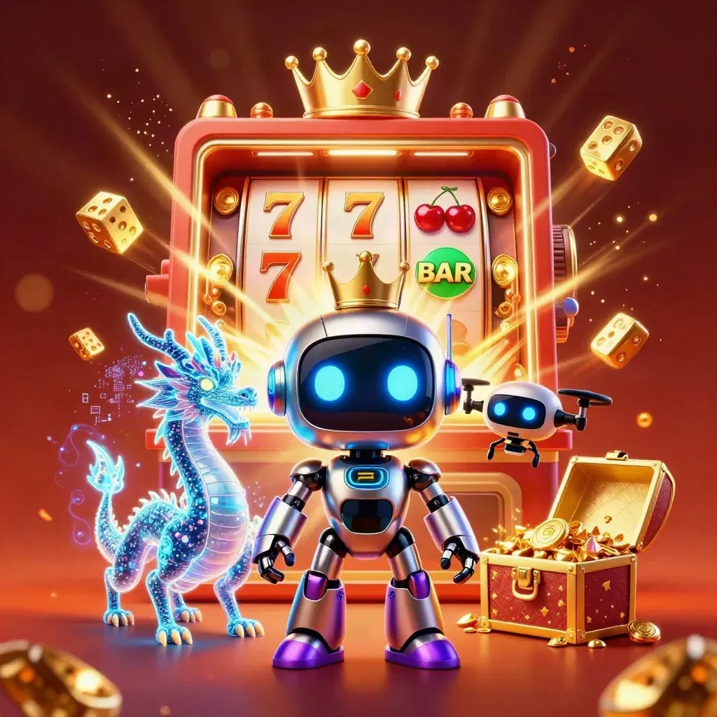 Cyber-Drache, Roboter und Coin-Drohne mit Gold, Würfeln und Slot-Symbolen im Casino-Glow.