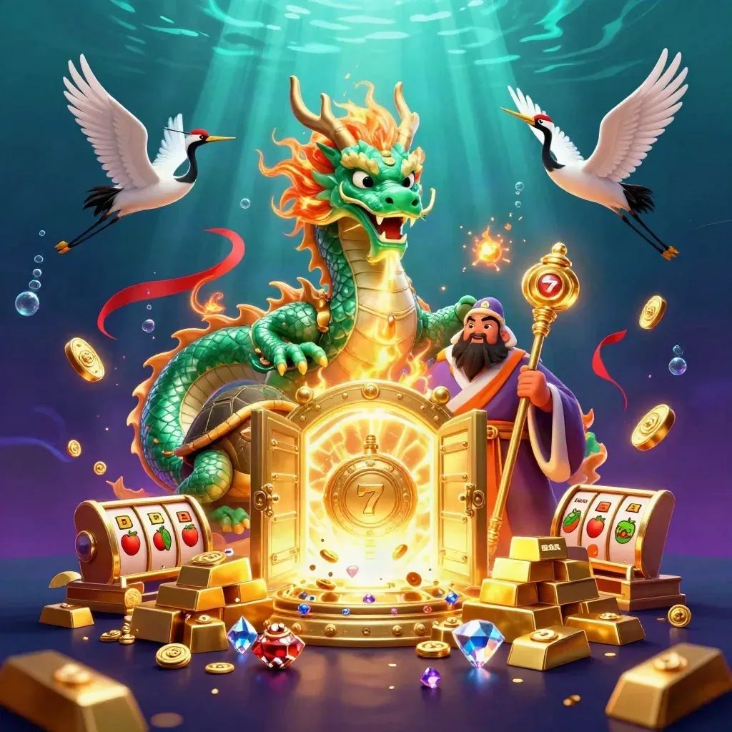 Emeralddrache, Schildkrötenweise und Kraniche vor Goldschatz im Unterwasser-Glanz.