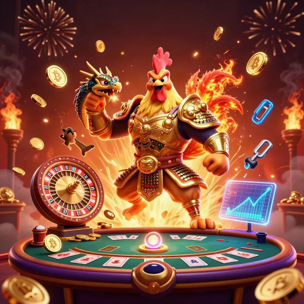 Samurai-Hahn, Drachenjunges und Glückskatze vor explodierenden Goldmünzen im Casino-Glanz