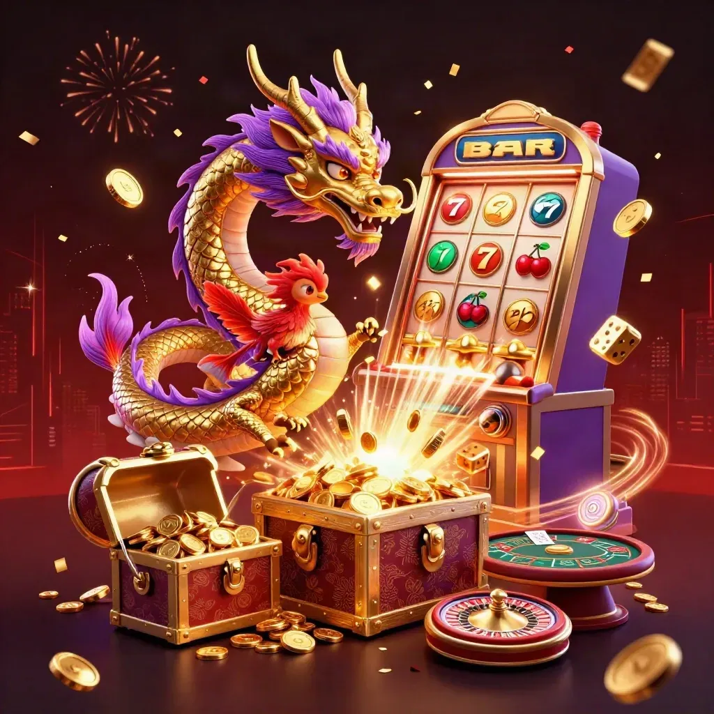 Goldener Drachen-Tresor mit Phoenix, Coins, Slot und Feuerwerk im Casino-Glanz