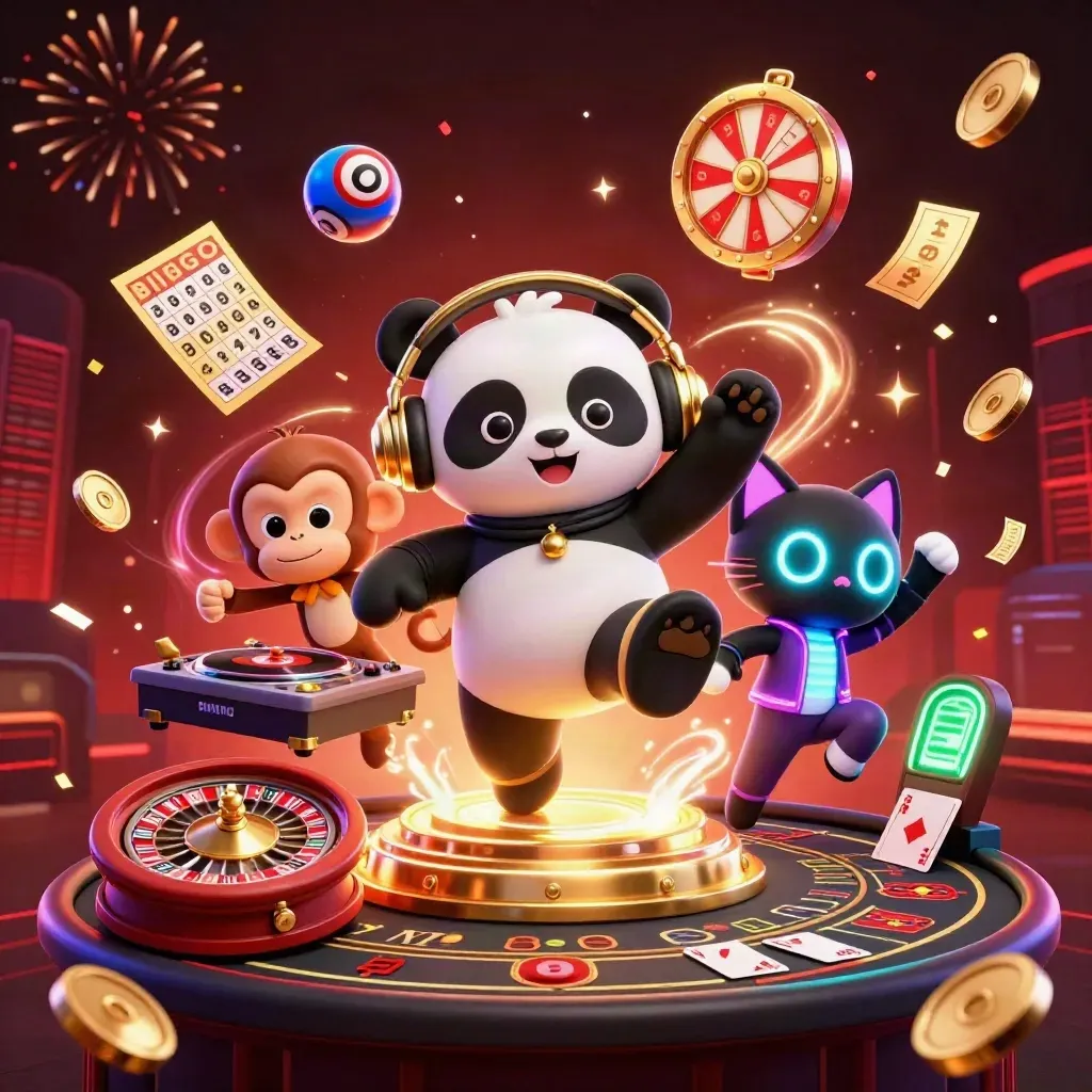 Drei Cartoon-Tiere feiern mit Gold, Lichtern und Casino-Elementen in einer dunklen Glamour-Szene.