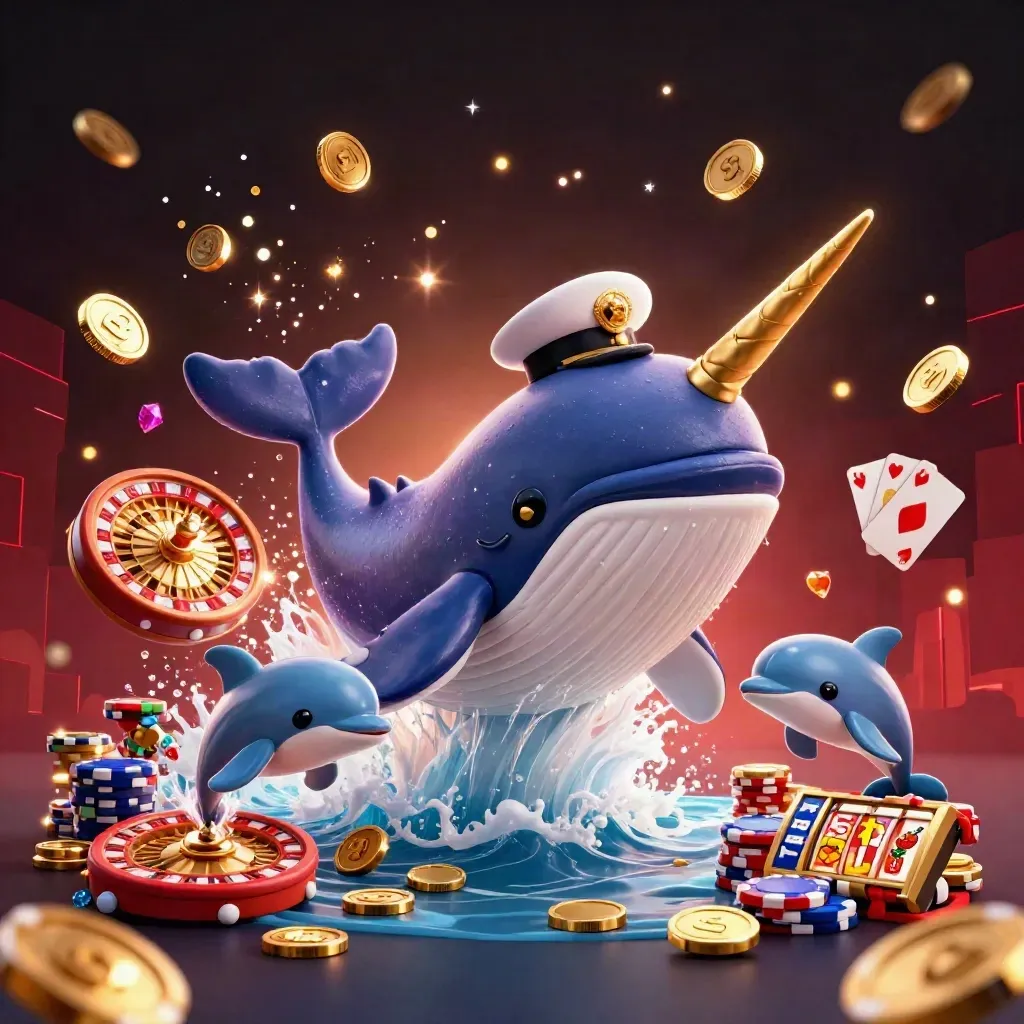 Riesiger Cartoon-Wal, Narwal und Delfine in einer goldenen Casino-Explosion vor dunklem Hintergrund.